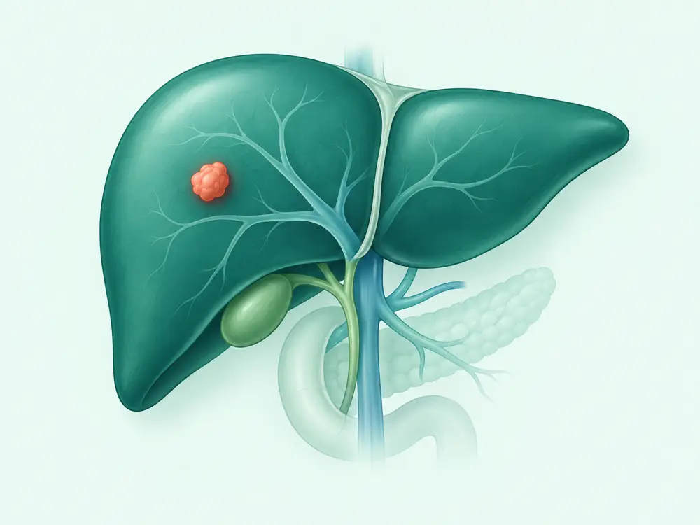 Ilustrasi editorial hati manusia dengan satu nodul tumor ditandai warna kontras