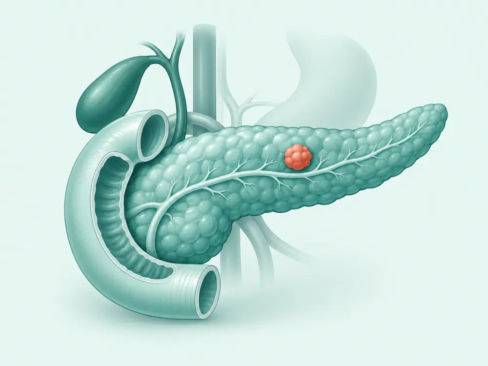 Ilustrasi editorial pankreas dan duodenum dengan satu nodul tumor di kepala pankreas