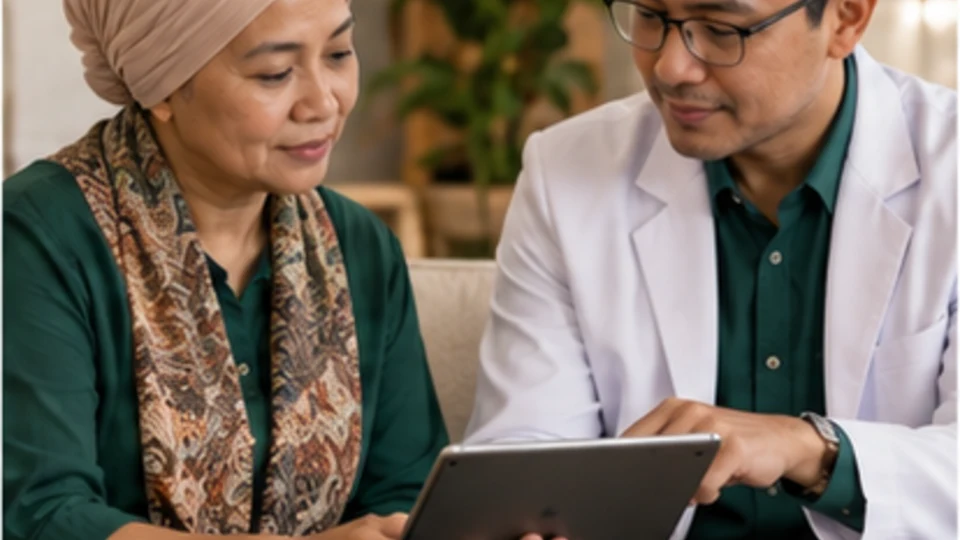 Ilustrasi pasien dan dokter meninjau informasi bersama untuk pendapat kedua