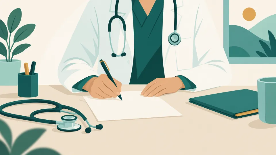 Ilustrasi tangan dokter menulis di meja tanpa wajah yang dapat dikenali