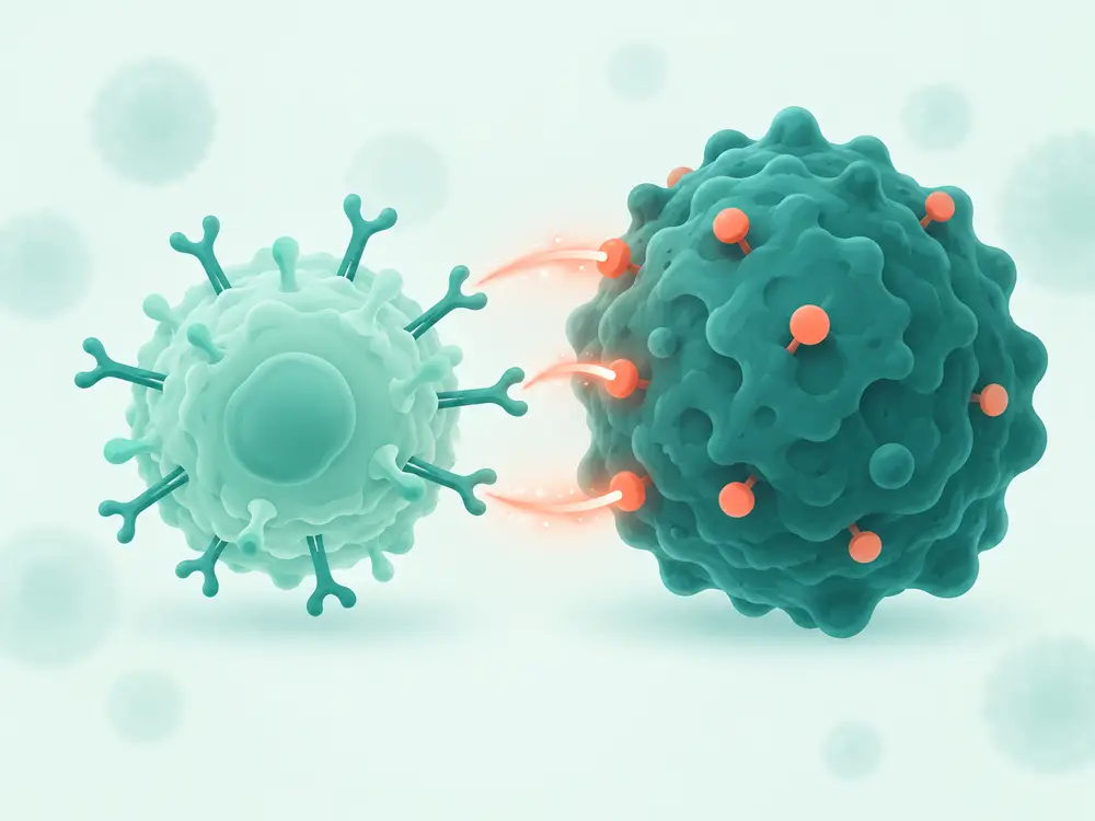 Diagram abstrak imunoterapi: sel imun mengenali sel tumor melalui titik pemeriksaan