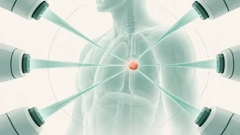 Diagram radioterapi presisi: berkas radiasi konvergen menuju target tumor