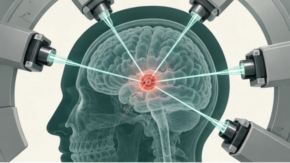 Ilustrasi radiosurgery stereotaktik dengan berkas terfokus pada target di otak